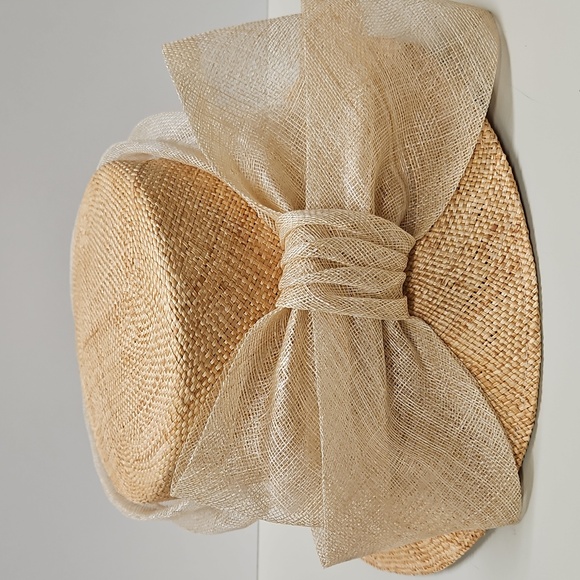 Betmar Beige Raffia Cloche Hat with Organza Bow - Picture 2 of 10